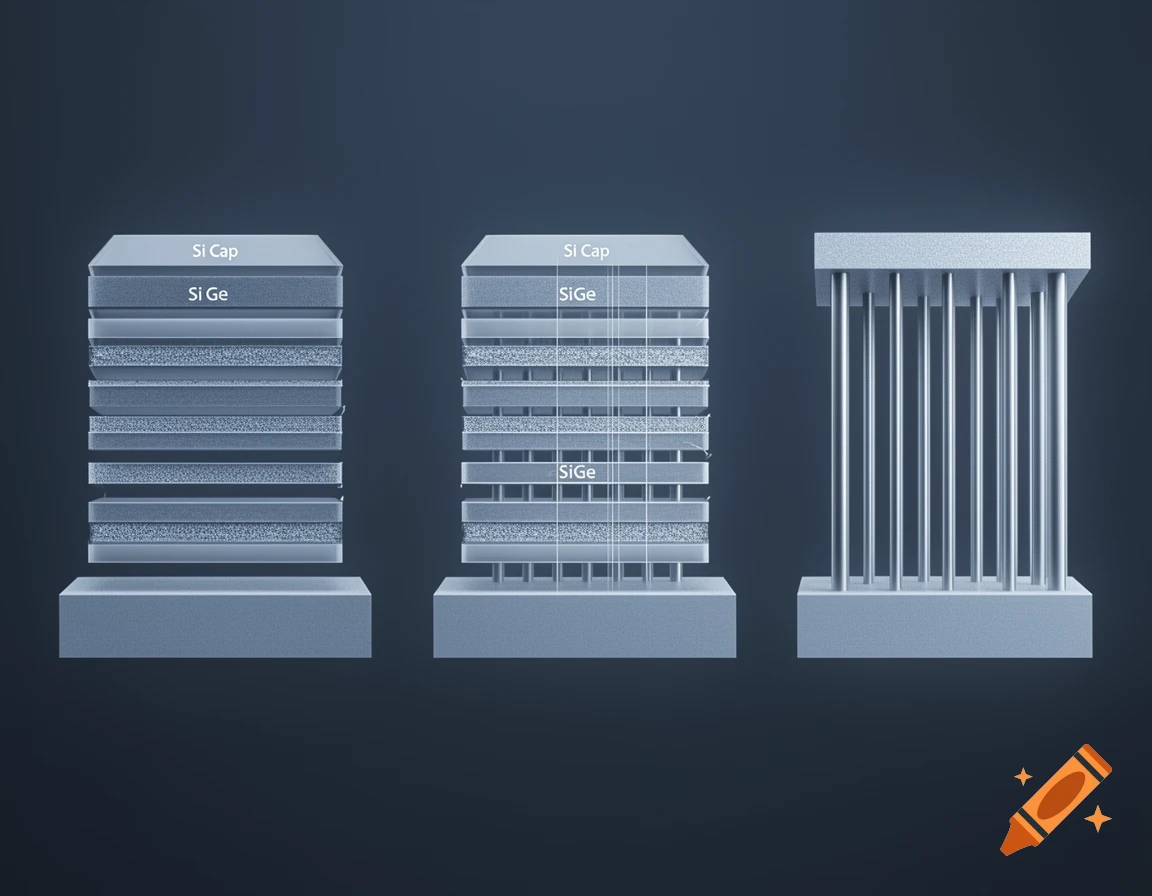 Three technical schematics show the process of creating gate-all-around technology from a Si/SiGe multilayer film stack.