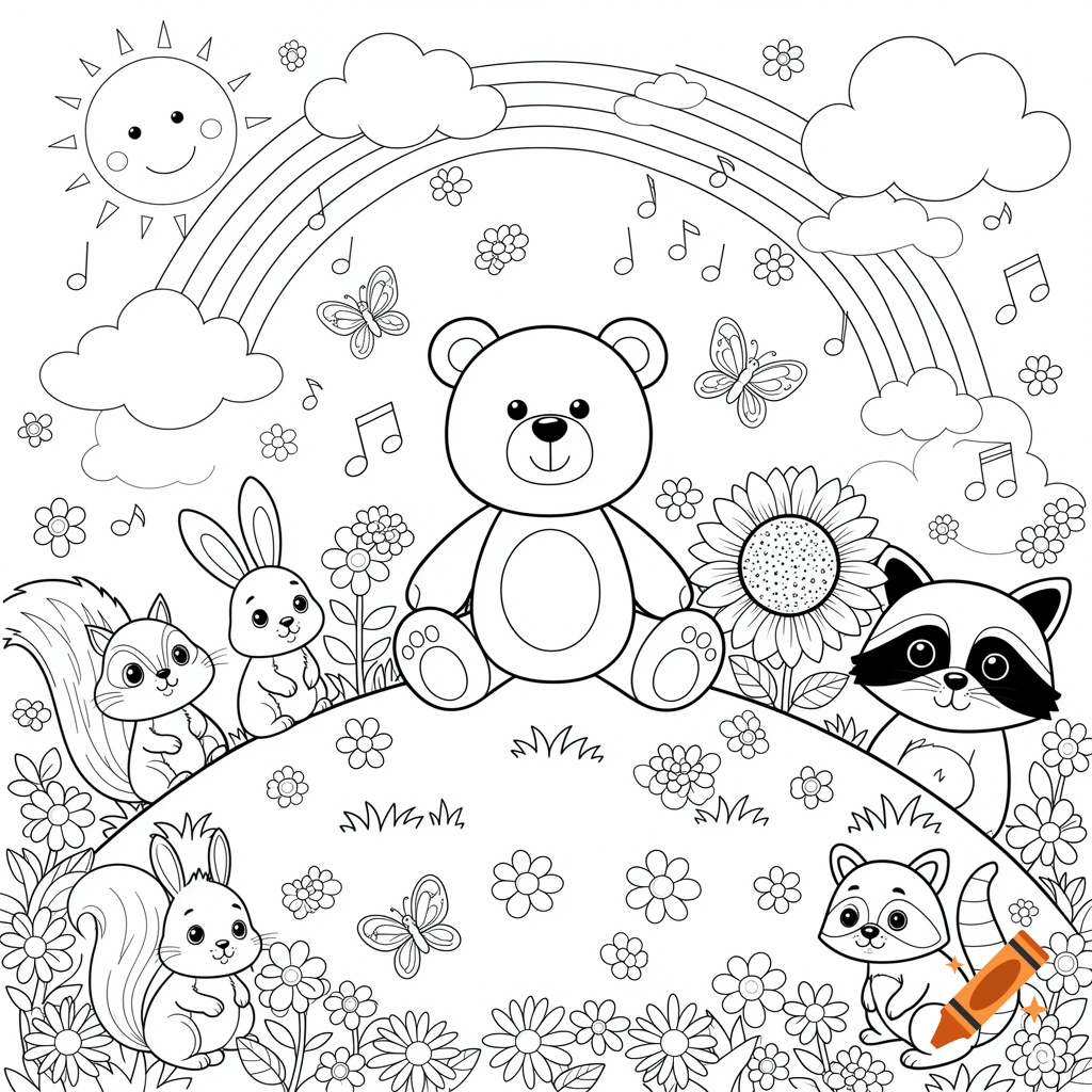 Black and white coloring page featuring a teddy bear surrounded by forest animals, flowers, butterflies, a smiling sun, and a rainbow with musical notes.