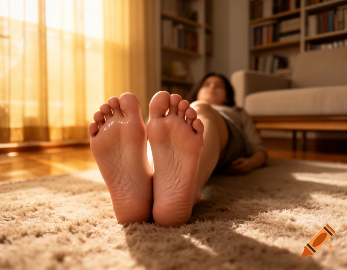 Close-up of the soles of bare feet of a person relaxing on a fluffy rug, illuminated by warm sunlight.