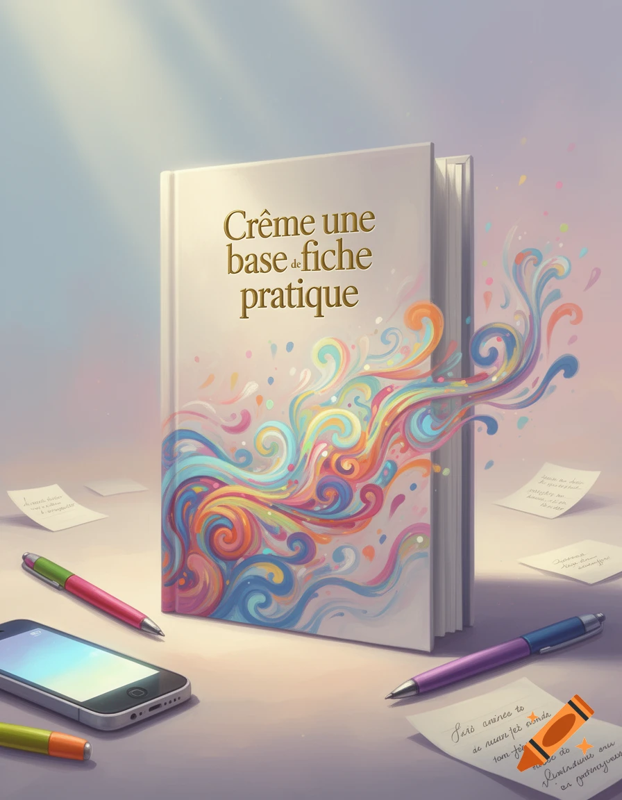 A white book titled 'Crème une base de fiche pratique' with colorful swirls, surrounded by pens, a smartphone, and papers.