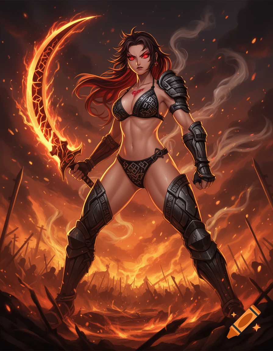 Anime female warrior in a bikini and armor holds a flaming scimitar on a burning battlefield.