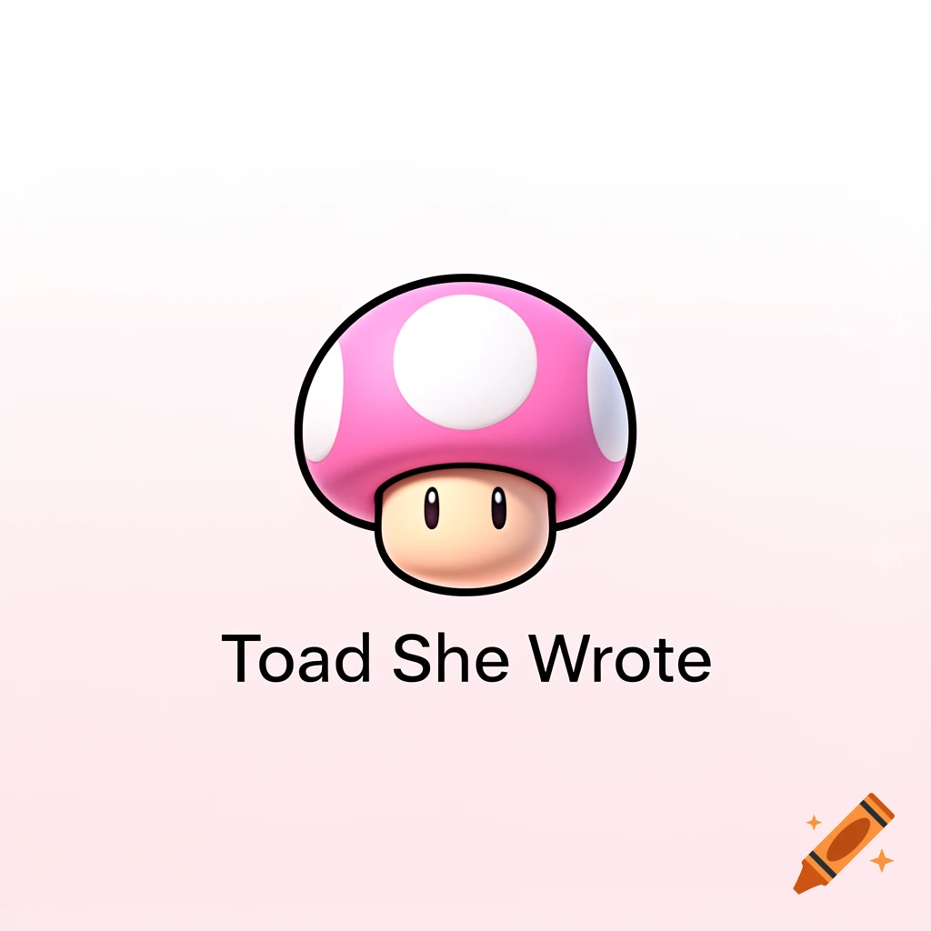 A pink mushroom character resembling Toad from Super Mario, with a cartoonish face and white spots on its cap, centered above the text "Toad She Wrote" on a light pink background.