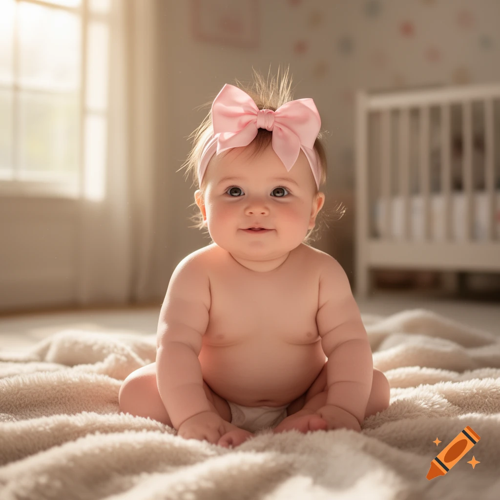 A smiling baby with a pink bow sits on a fluffy blanket in a sunlit room with a crib in the background.