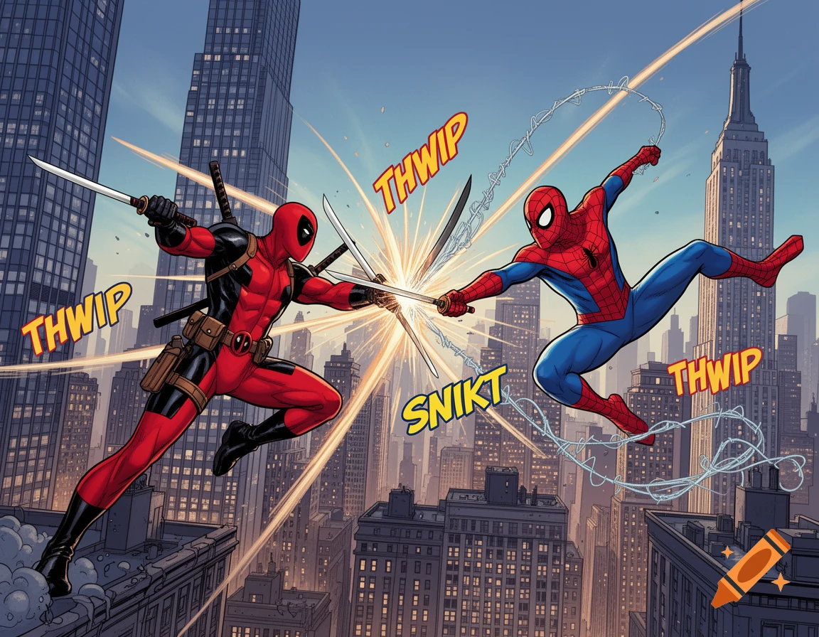 Comic book style image of Deadpool and Spider-Man fighting with swords and webs high above a cityscape.