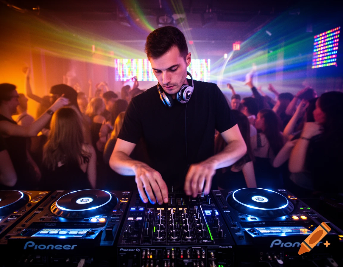 A male DJ in a black t-shirt mixes music on Pioneer equipment at a dimly lit club, surrounded by a dancing crowd and colorful laser lights.