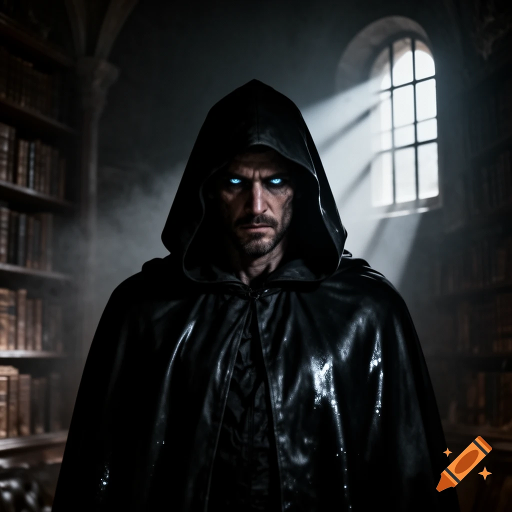 A mysterious hooded man with glowing blue eyes stands in a dark, ancient library, illuminated by a window.