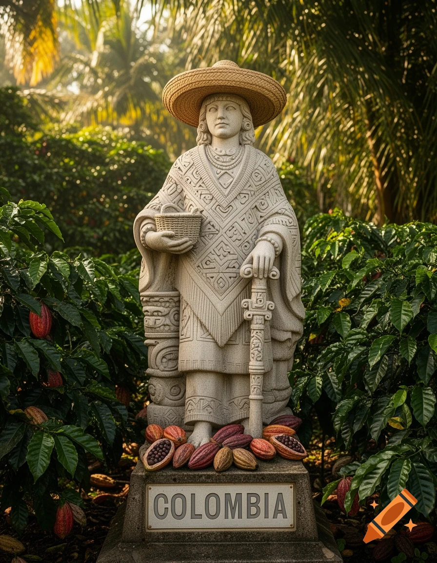 Photorealistic statue of a figure wearing a sombrero and patterned poncho, holding a basket and staff, surrounded by cacao plants. 'COLOMBIA' on base.