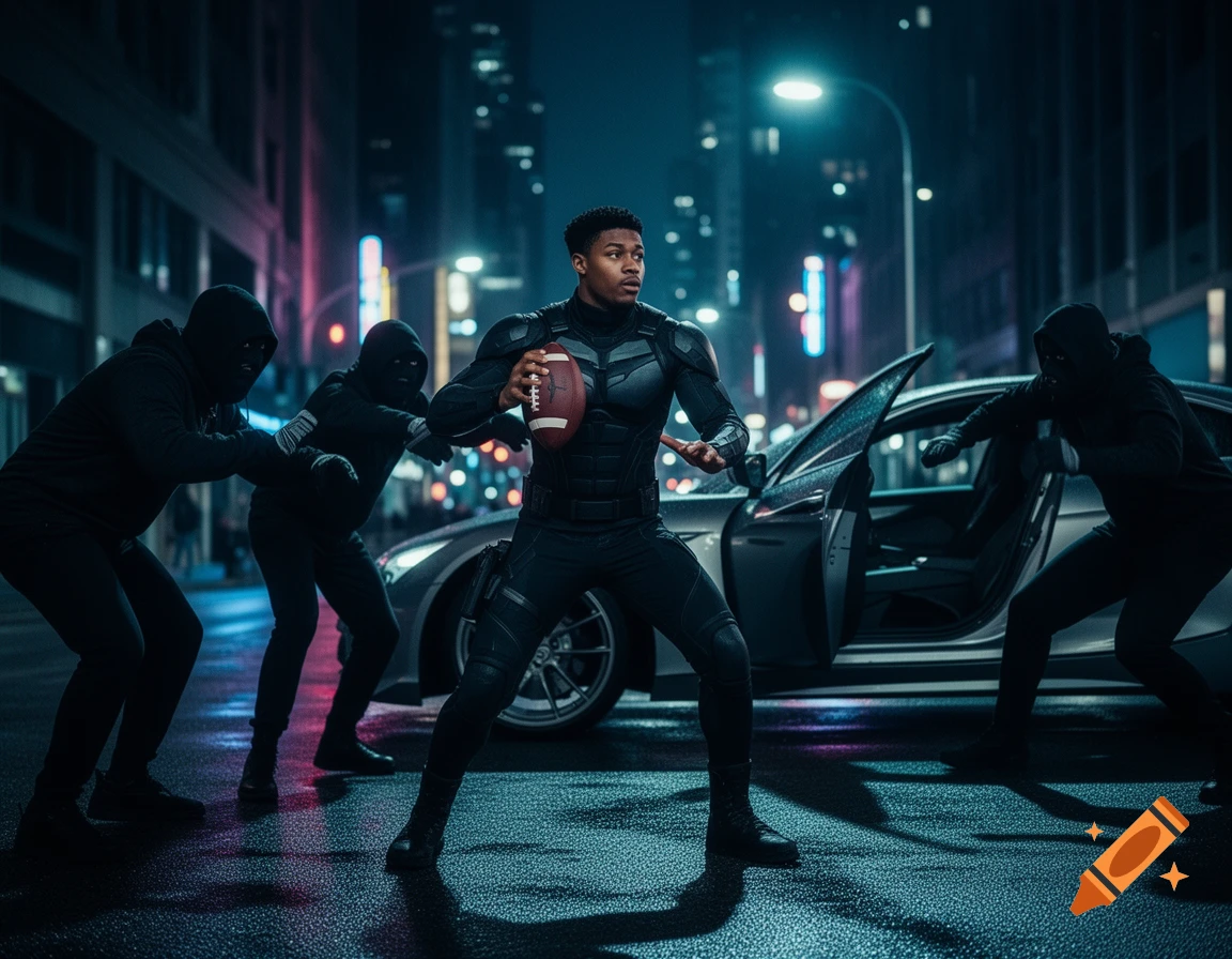 Jalen Hurts in a dark superhero suit holding a football, fending off masked car thieves by a car on a wet city street at night.