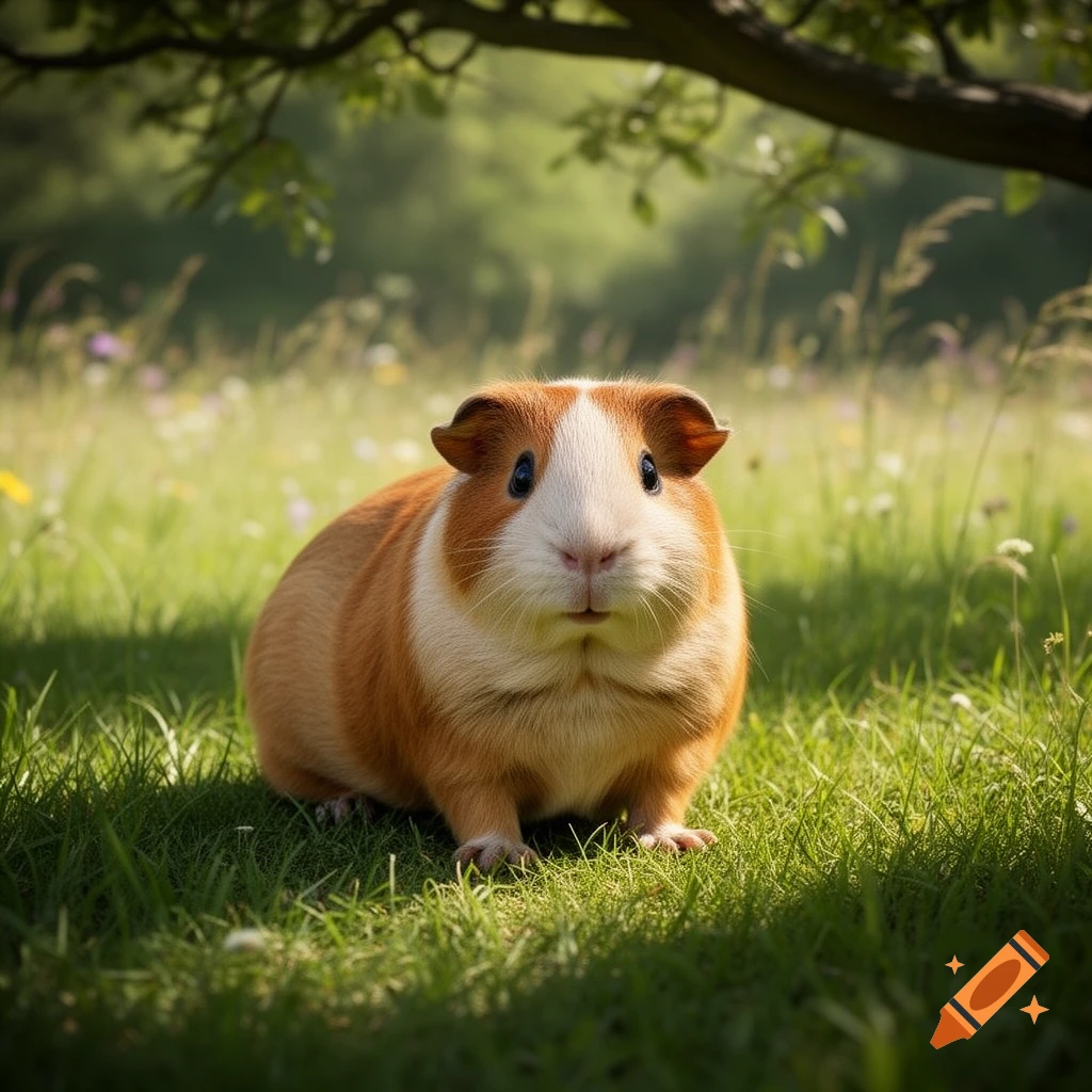 A cute brown and white guinea pig sits in a sunlit grassy field with wildflowers under the shade of a tree.