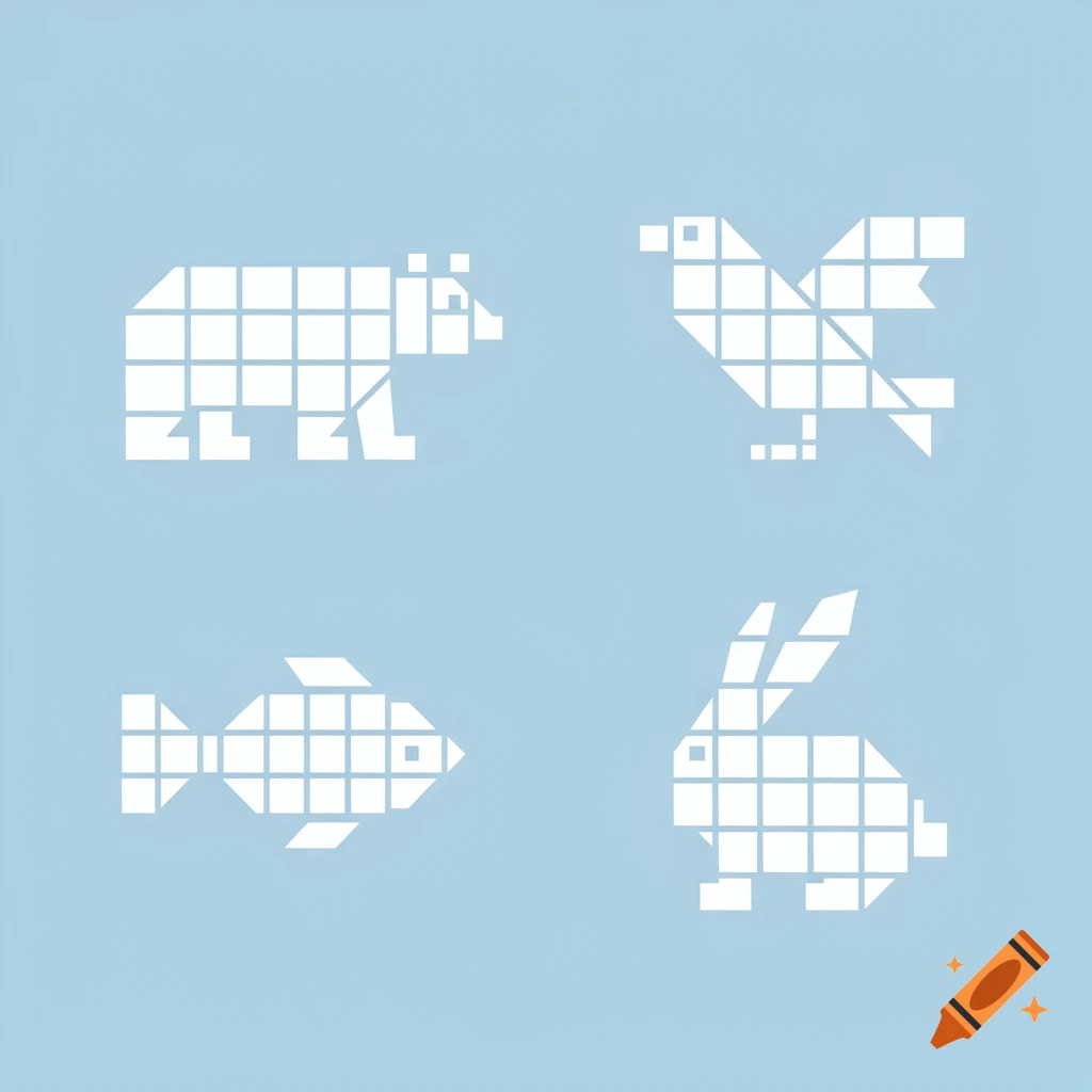 Four pixel art animals, including a bear, bird, fish, and rabbit, rendered in white squares on a light blue background.
