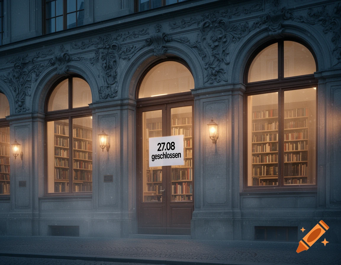 Photorealistic image of a library building at dusk with a '27.08 geschlossen' sign on the main entrance.