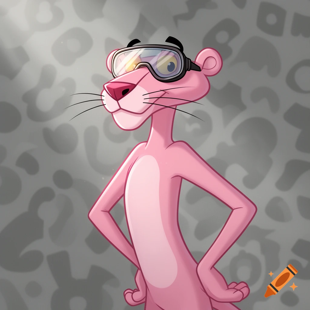 Pink Panther, a pink cartoon panther, stands with hands on hips, wearing reflective safety goggles against a patterned grey background.