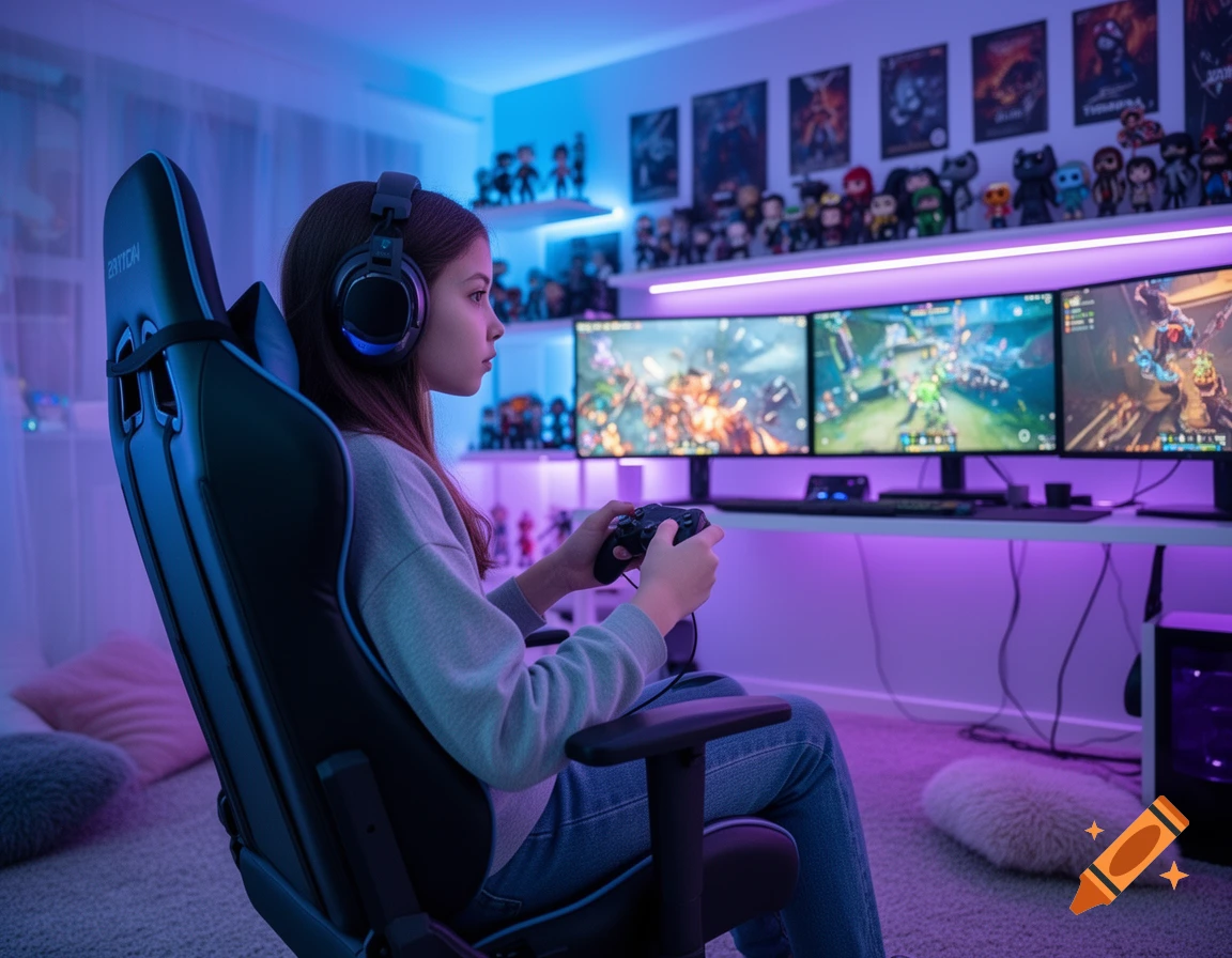 A young girl with headphones plays video games on a triple monitor setup in a neon-lit gaming room with collectibles.