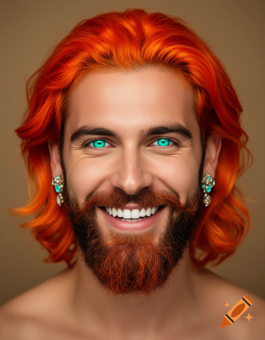 Close-up portrait of a smiling man with vibrant orange hair, matching beard, and bright turquoise eyes, wearing ornate earrings.
