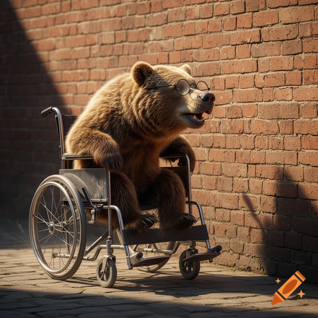 A photorealistic brown bear wearing glasses sits in a wheelchair next to a brick wall.