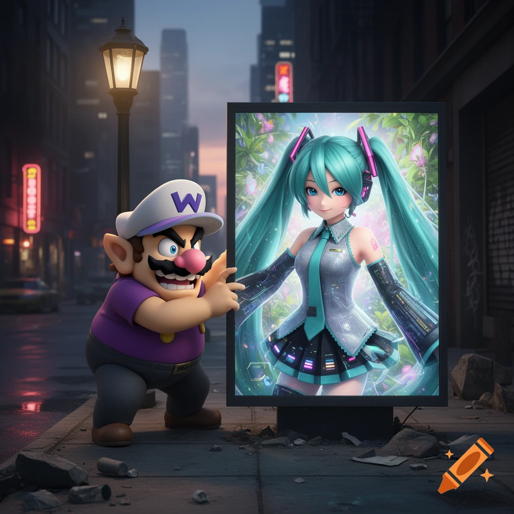 Wario, a cartoon character, stands next to a billboard displaying Hatsune Miku on a dimly lit city street.