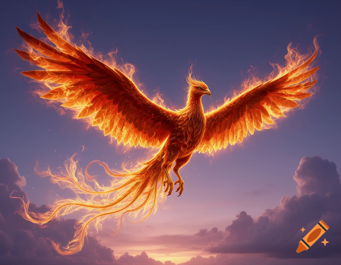 A majestic phoenix with fiery wings spreads its wings, flying against a dramatic sunset sky with clouds.