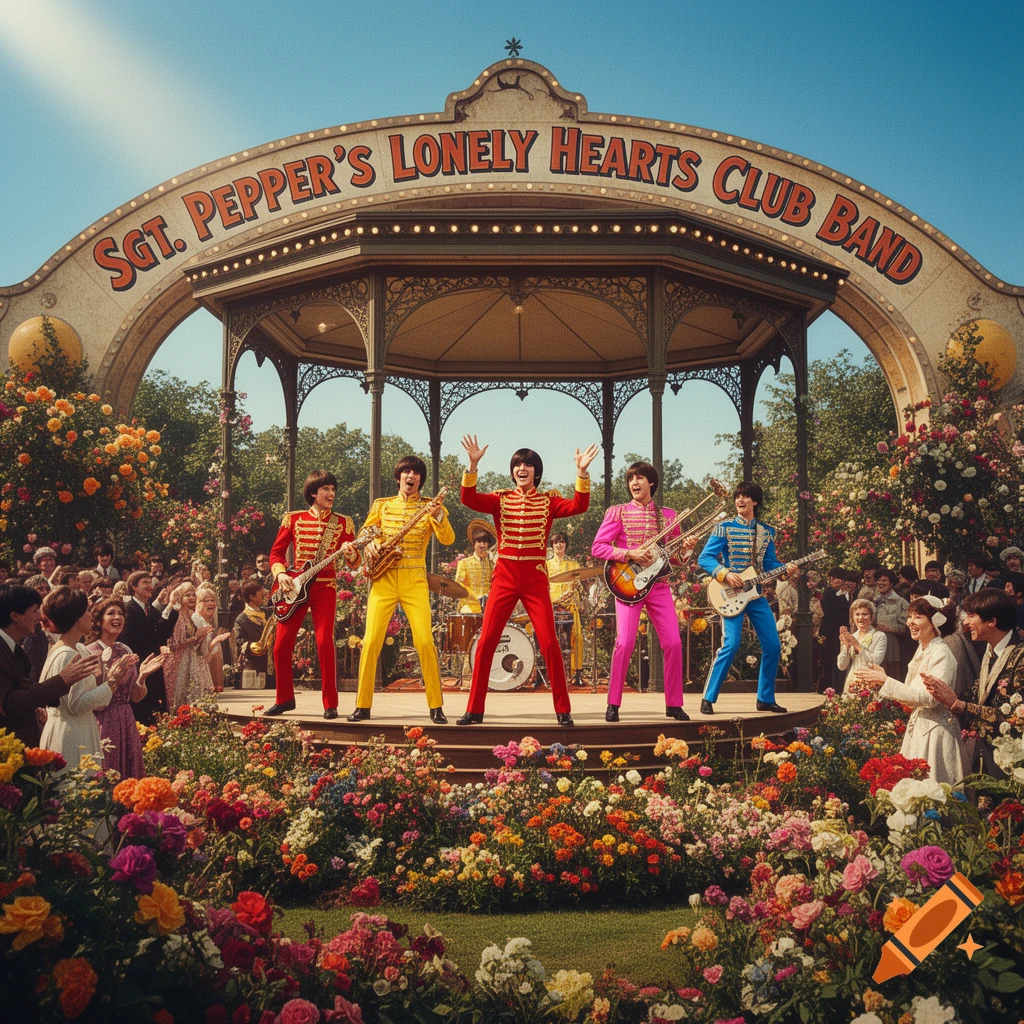 The Sgt. Pepper's Lonely Hearts Club Band performs on a stage in a lush, floral garden, with a crowd watching.