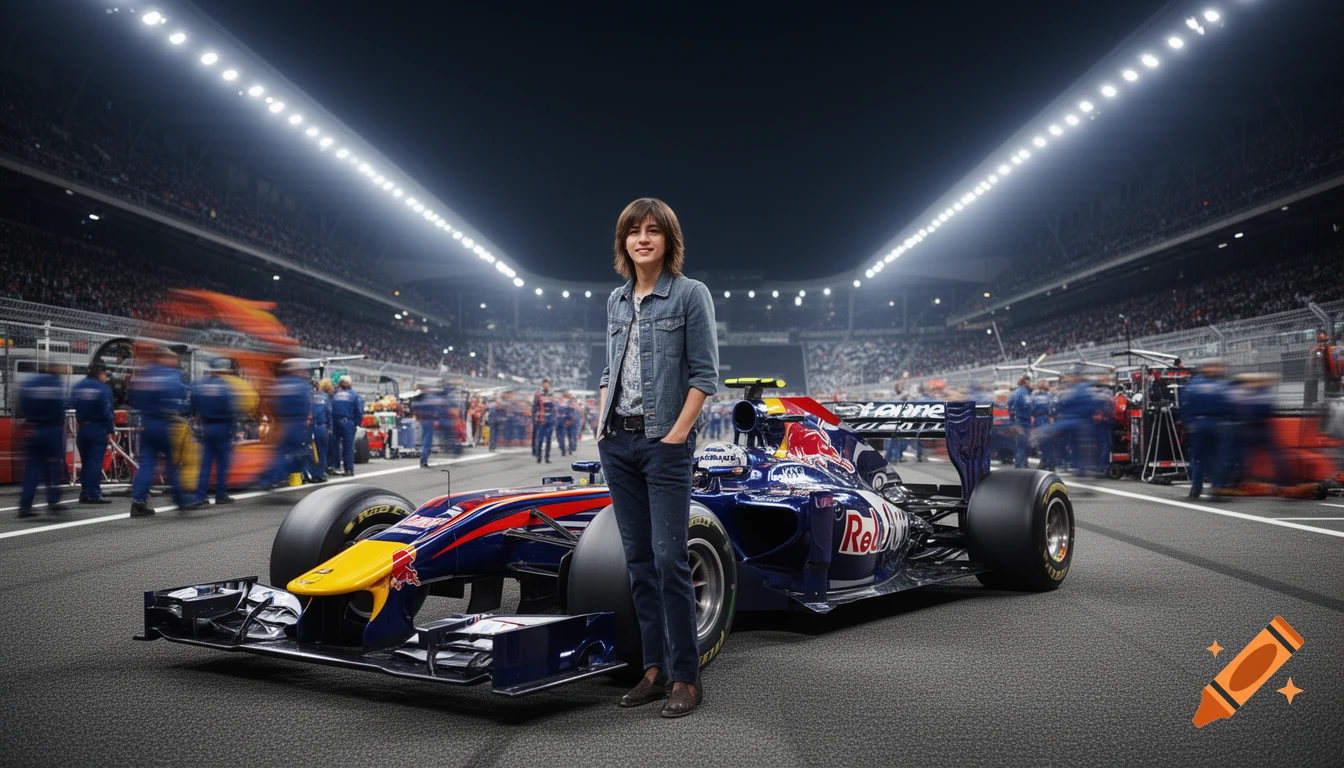 A young person stands next to a blue and red Formula 1 race car on a track with a blurred pit crew and stadium lights in the background.
