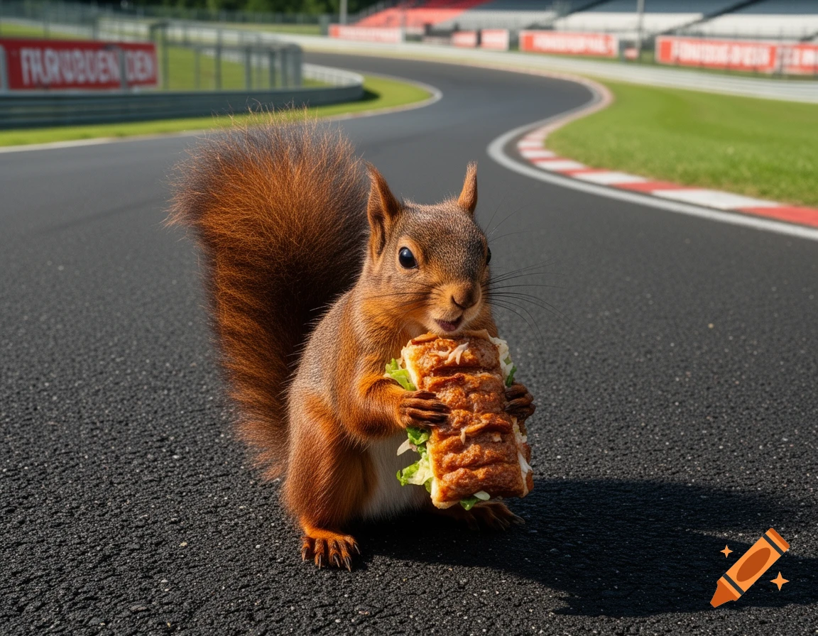 A photorealistic image of a red squirrel holding a large döner kebab, standing on a race track.