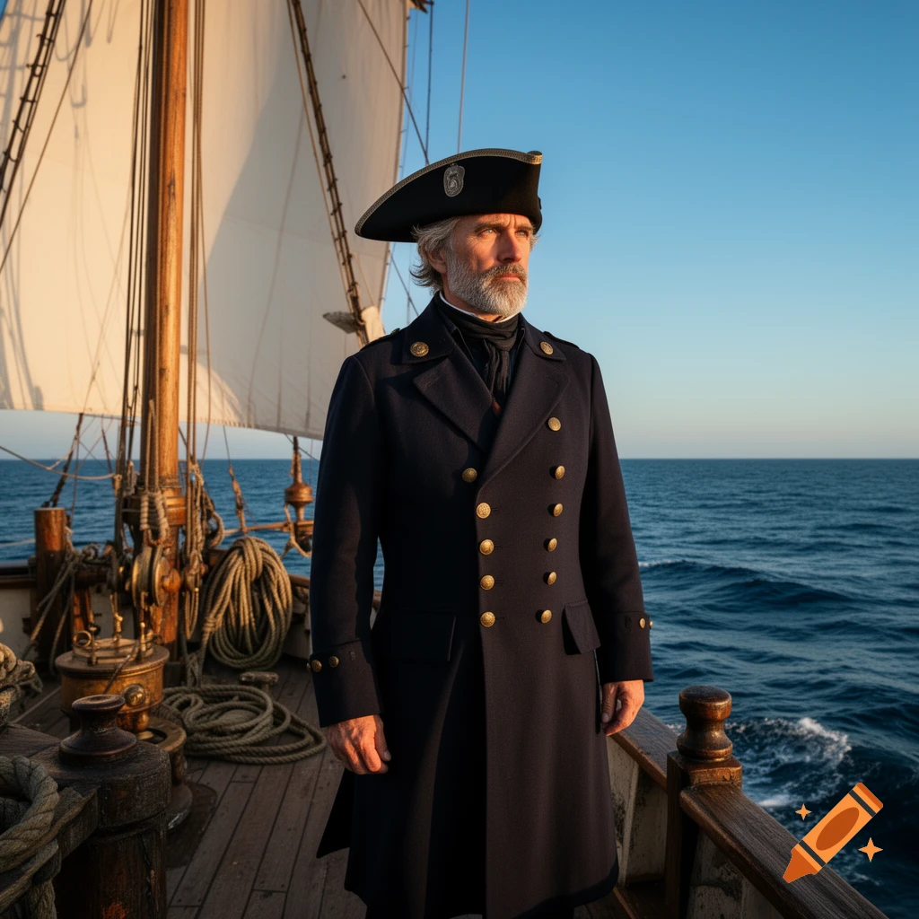 Photorealistic image of a grey-bearded man in a blue naval uniform and bicorne hat standing on a sailing ship deck.