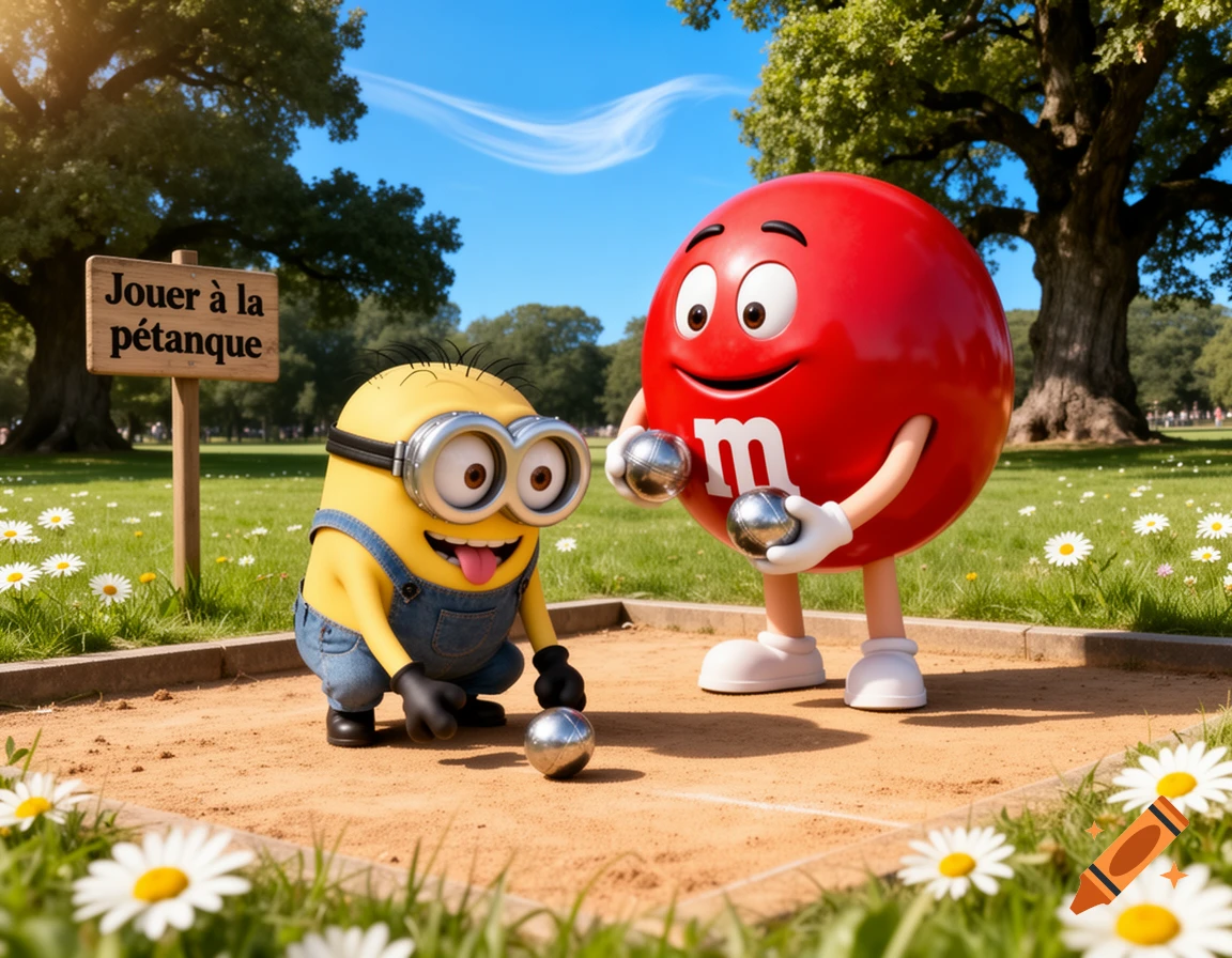 A Minion and the Red M&M character playing pétanque in a sunny park filled with daisies.