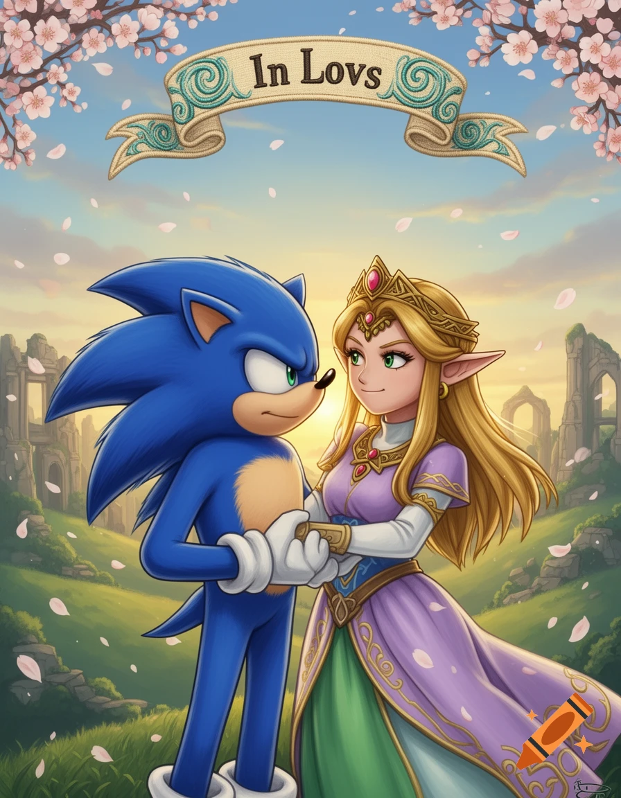 Sonic the Hedgehog and Princess Zelda holding hands under a banner reading 'In Lovs', with cherry blossoms and ancient ruins in an anime style.