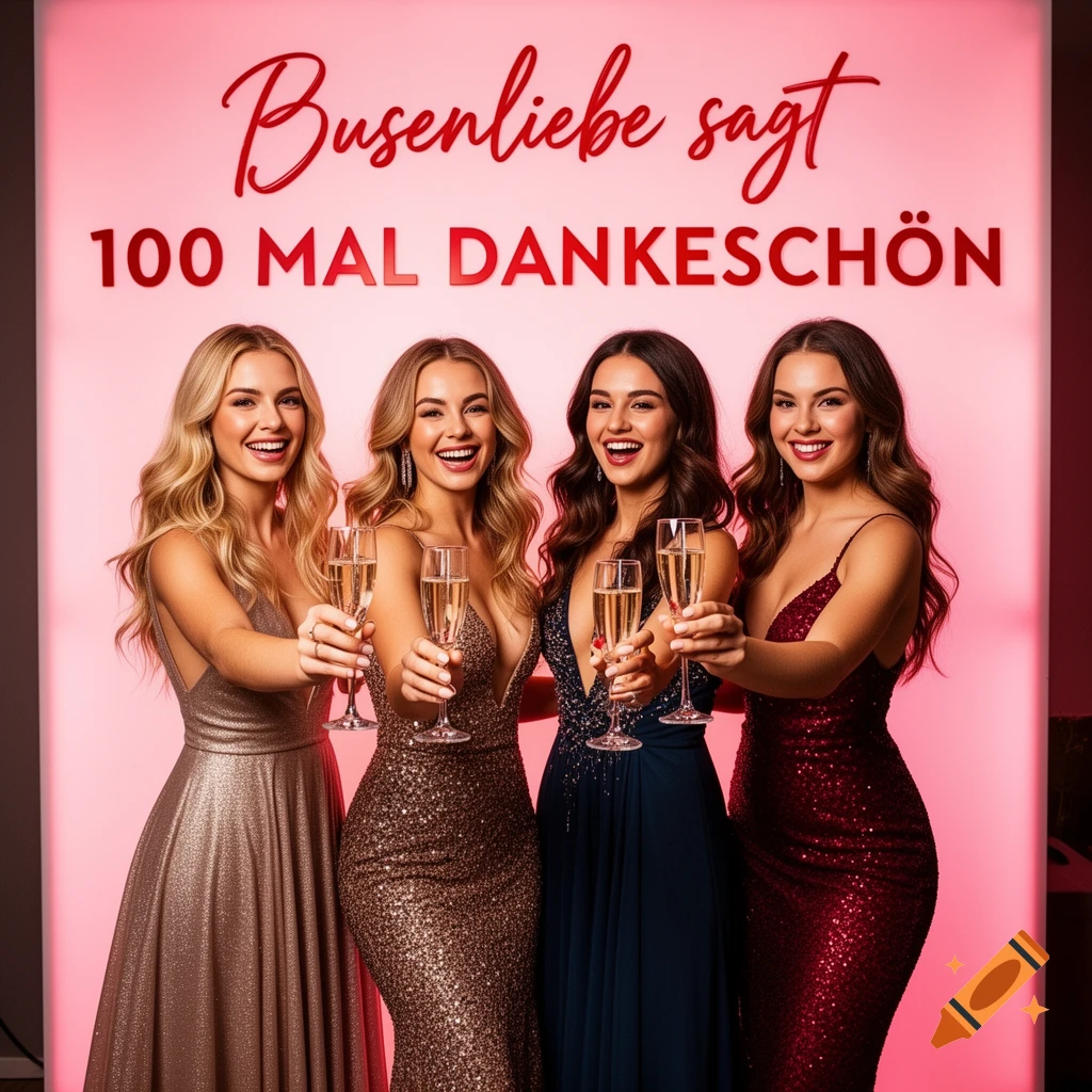 Four smiling women in glittering evening gowns raise champagne glasses against a pink background with German text.