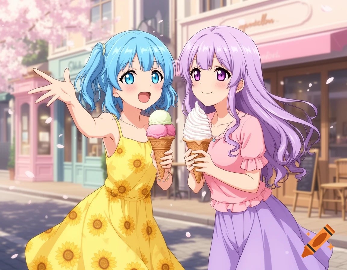 Two happy anime girls holding ice cream cones on a sunny street with cherry blossoms.