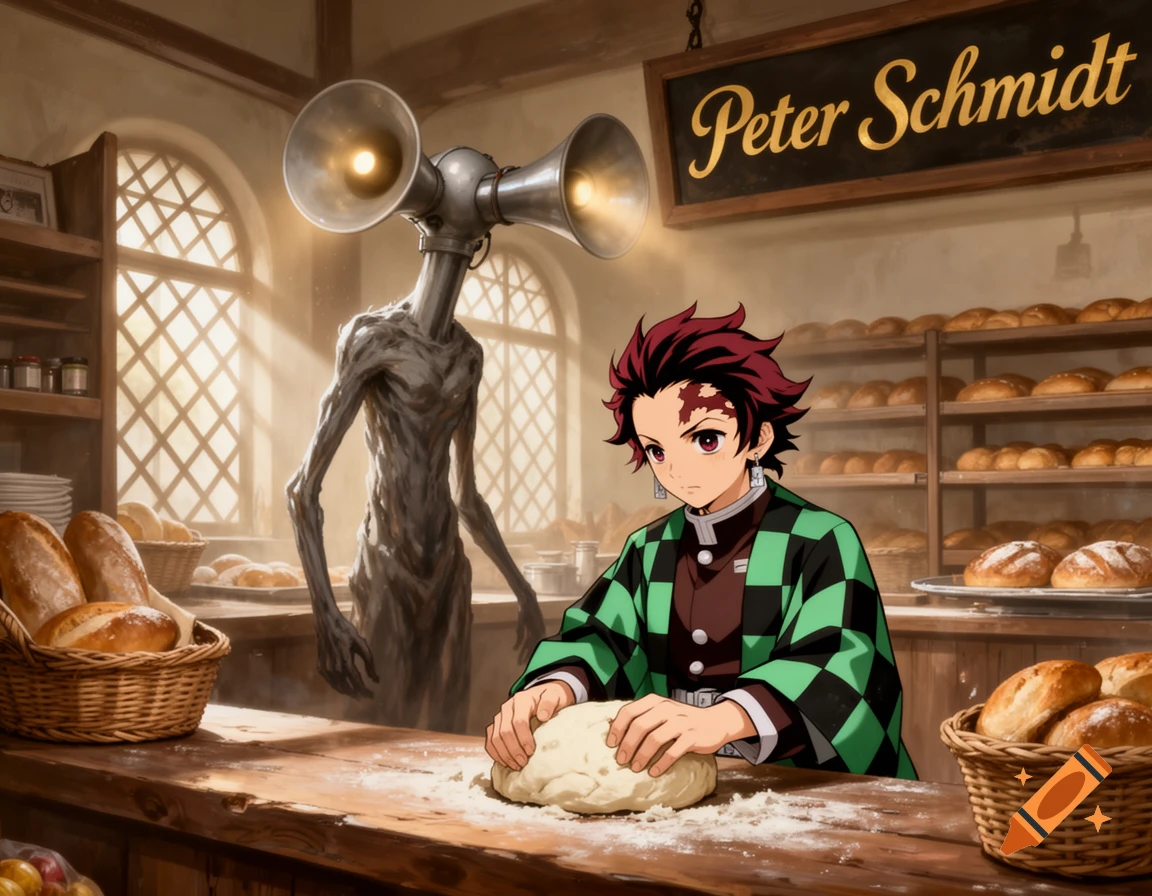 Tanjiro Kamado kneads dough in a warm bakery while Siren Head stands behind him. A 'Peter Schmidt' sign is visible above.