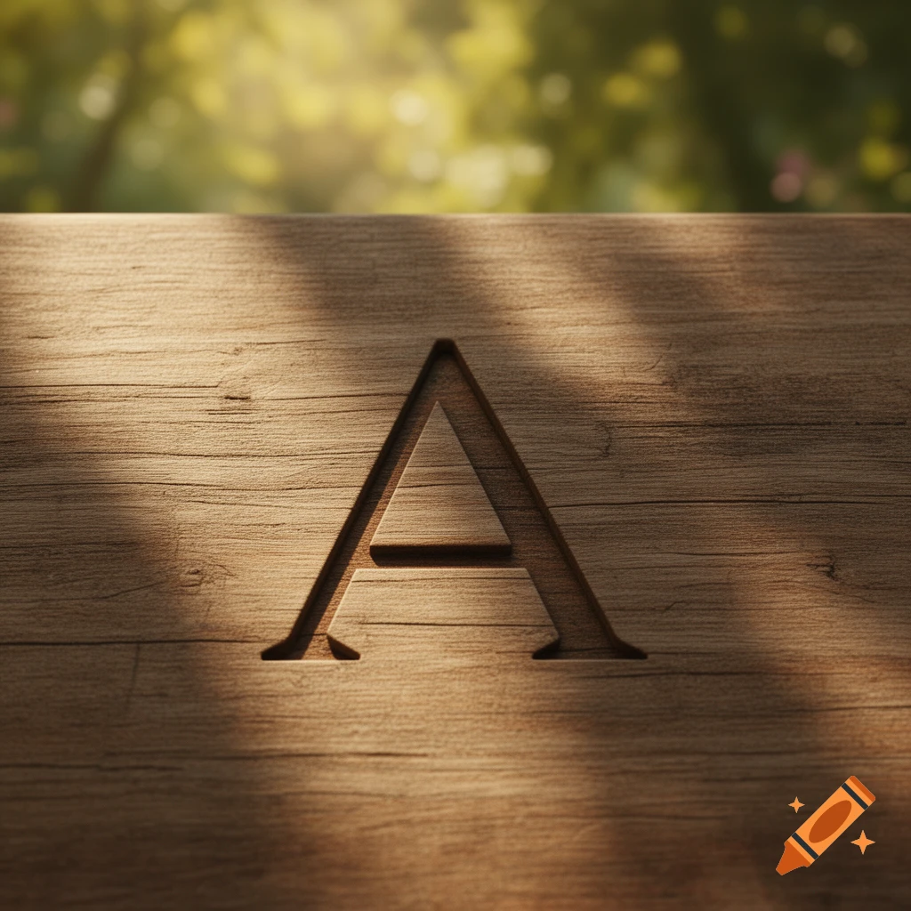 A letter A carved into a wooden surface, with dappled sunlight and a blurred green forest background.