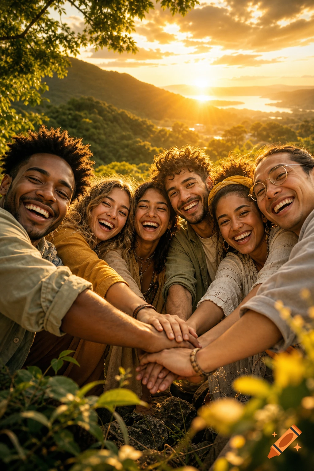 Diverse friends smiling, hands piled together at sunset with mountains and a lake in the background.