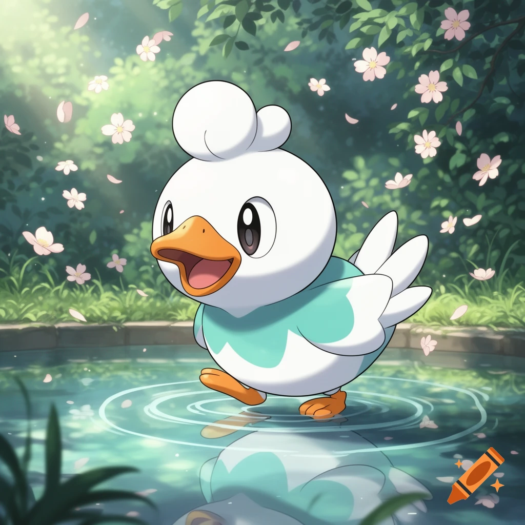A cute white and teal duck-like Pok 00e9mon (Quaxly) stands in a reflective pond with pink cherry blossoms falling around it, anime style.