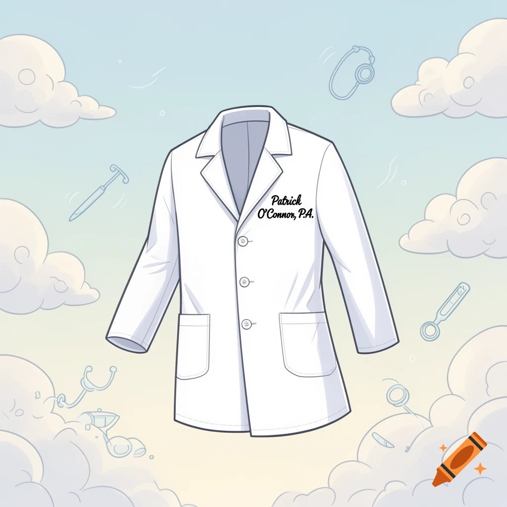 A cartoon white lab coat with "Patrick O'Connor, P.A." embroidered, floating among clouds and faint medical tool outlines.