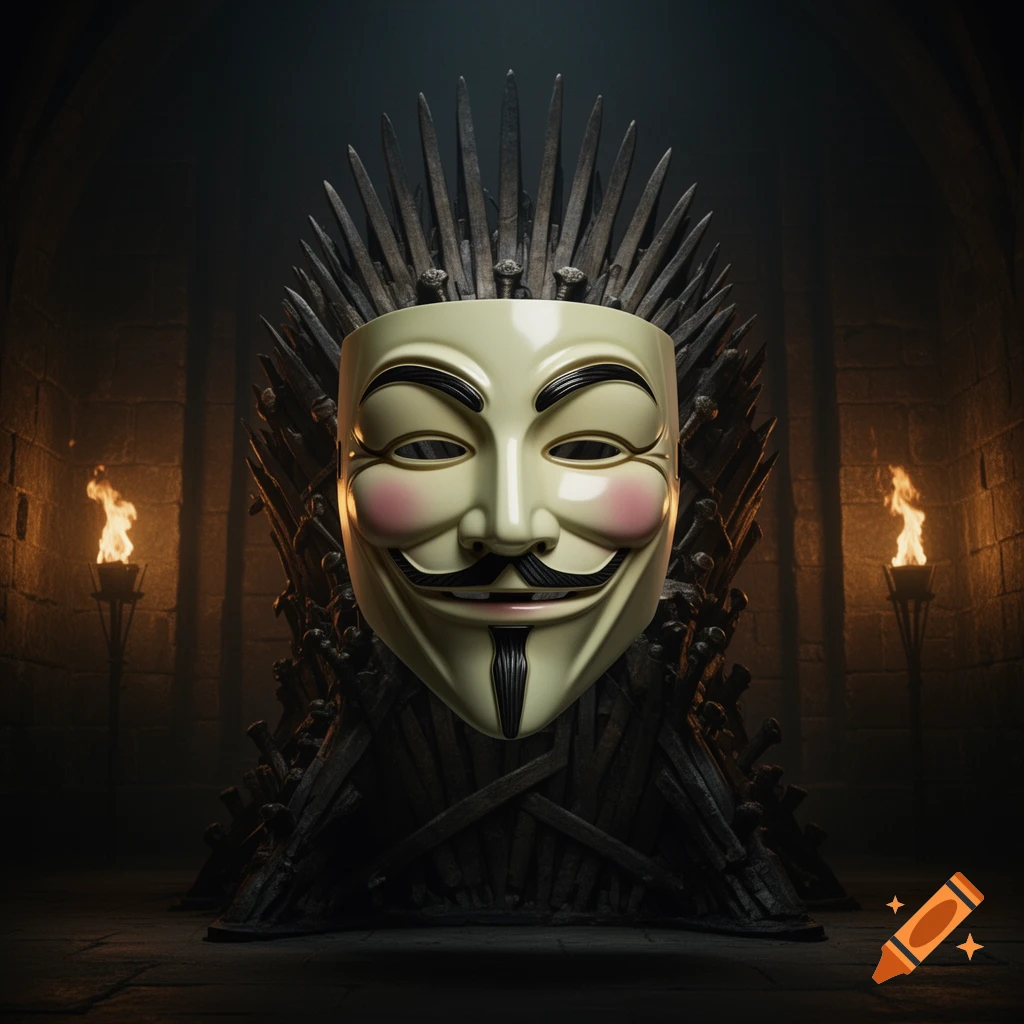 A Guy Fawkes mask sits prominently on a detailed Iron Throne in a dimly lit, stone castle hall, flanked by burning torches.