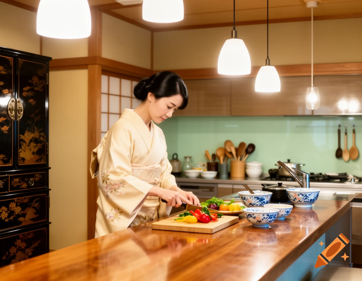 A Japanese woman in a kimono chops vegetables on a wooden cutting board in a modern kitchen.