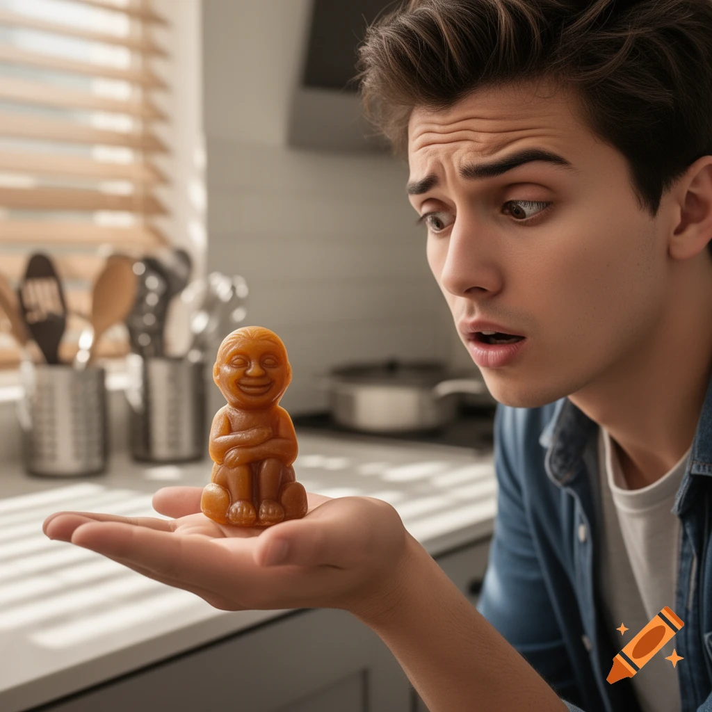 A young man looking surprised at a small, human-shaped gummy candy held in his open palm in a kitchen.