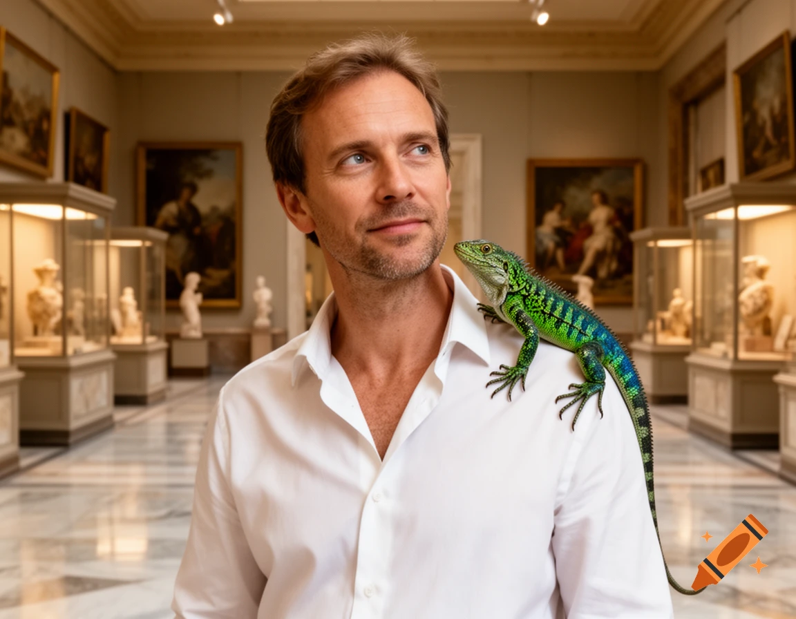 A man with a vibrant green and blue lizard on his shoulder in a museum, looking contemplative.