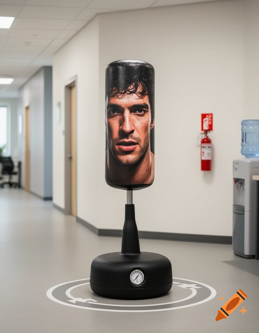 A black freestanding punching bag with a man's face on it stands in a bright office corridor, presented like safety equipment.