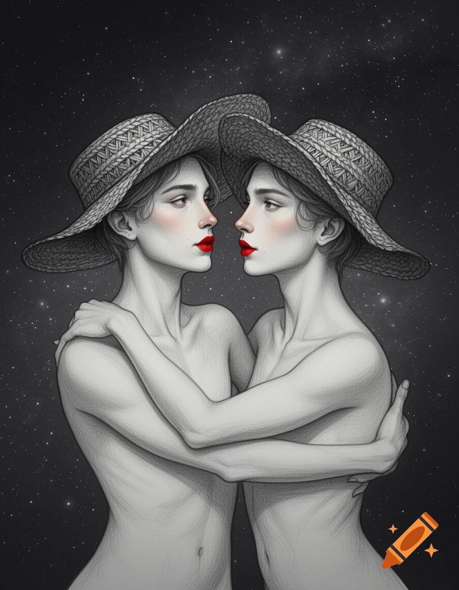 Two stylized figures with wide-brimmed hats and red lips embrace, rendered in black and white pencil-like shading against a starry sky. Digital illustration.