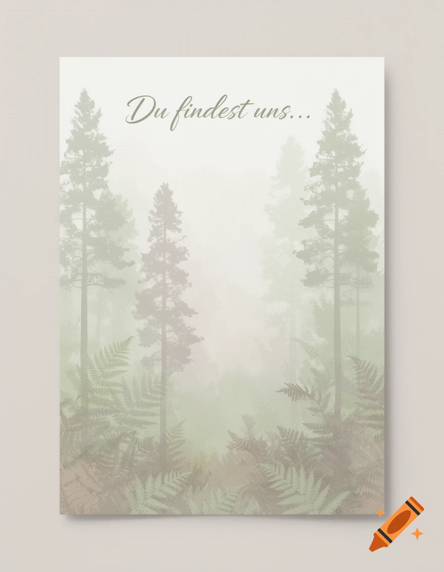 Pastel illustration of a misty forest with tall pine trees and ferns, featuring the German text 'Du findest uns...' at the top.