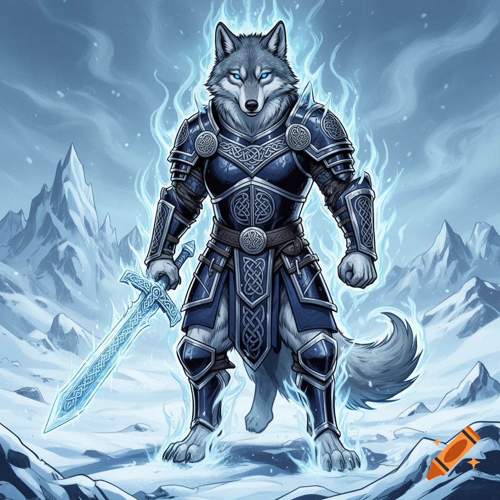 An anthropomorphic wolf warrior in navy blue and silver armor holds an ice sword, surrounded by a blue aura in a snowy mountain landscape.