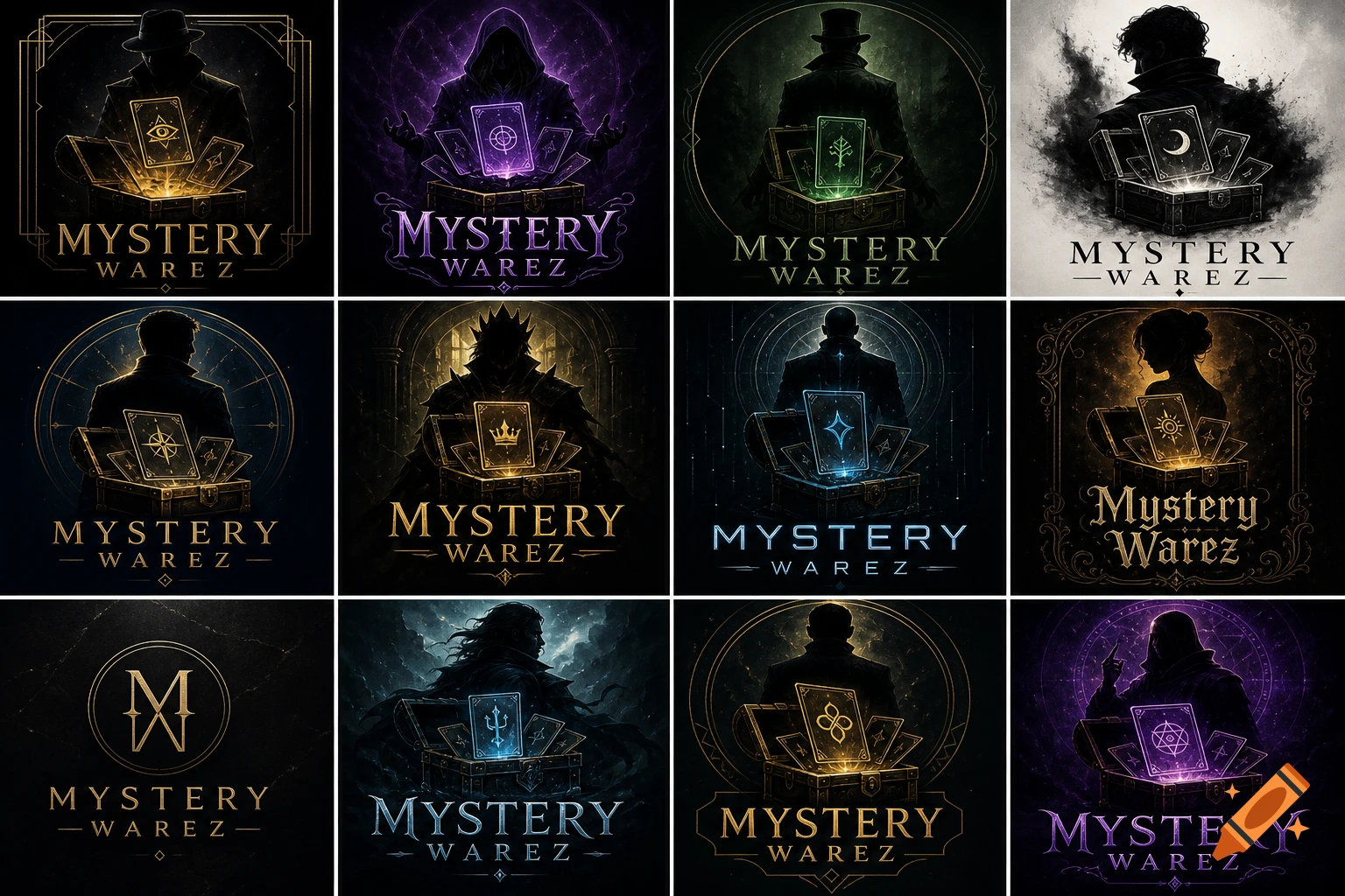 A grid of 12 dark, mystical logo concepts featuring shadowy figures behind open treasure chests with glowing, symbolic cards, and the text 'MYSTERY WAREZ' below each.
