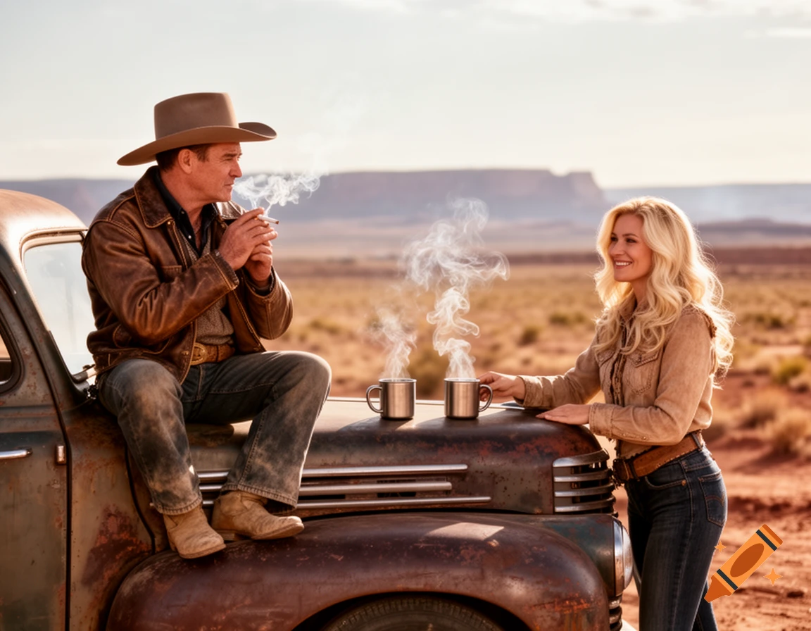 A cowboy smoking a cigarette sits on a rusty truck next to a smiling blonde woman holding a steaming coffee cup in a desert landscape.