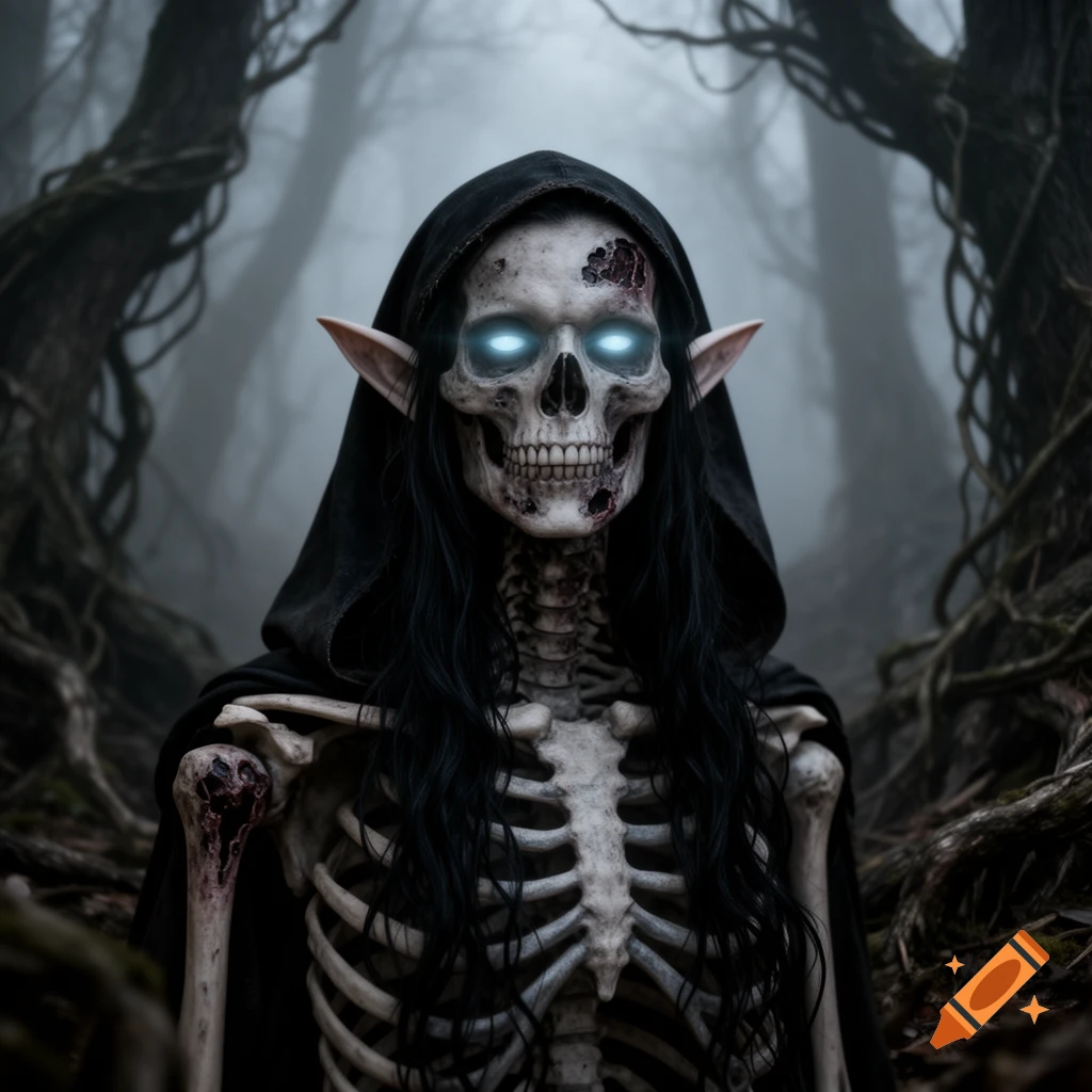 A skeletal elvish figure in a black hooded robe with glowing blue eyes stands in a foggy, dark, twisted forest.