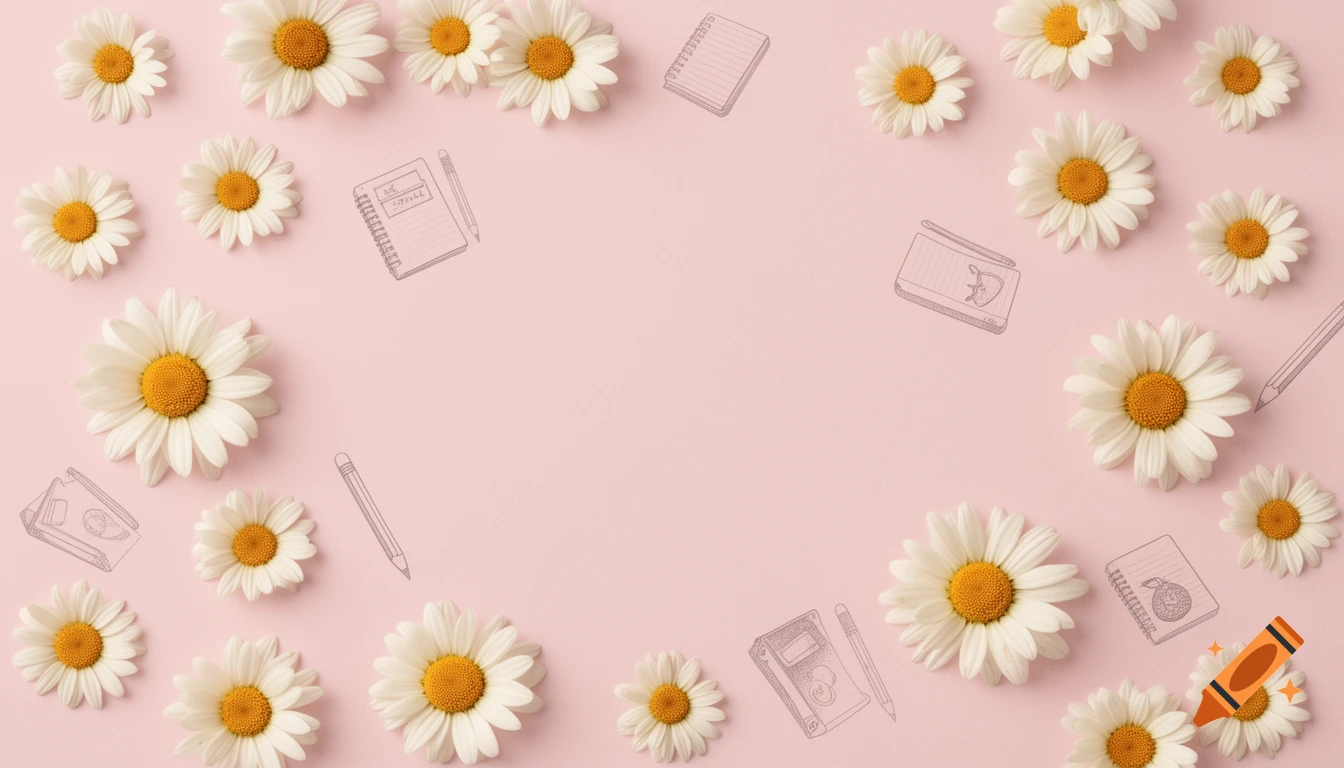 White daisies and line art drawings of notebooks and pencils framing a pastel pink background.