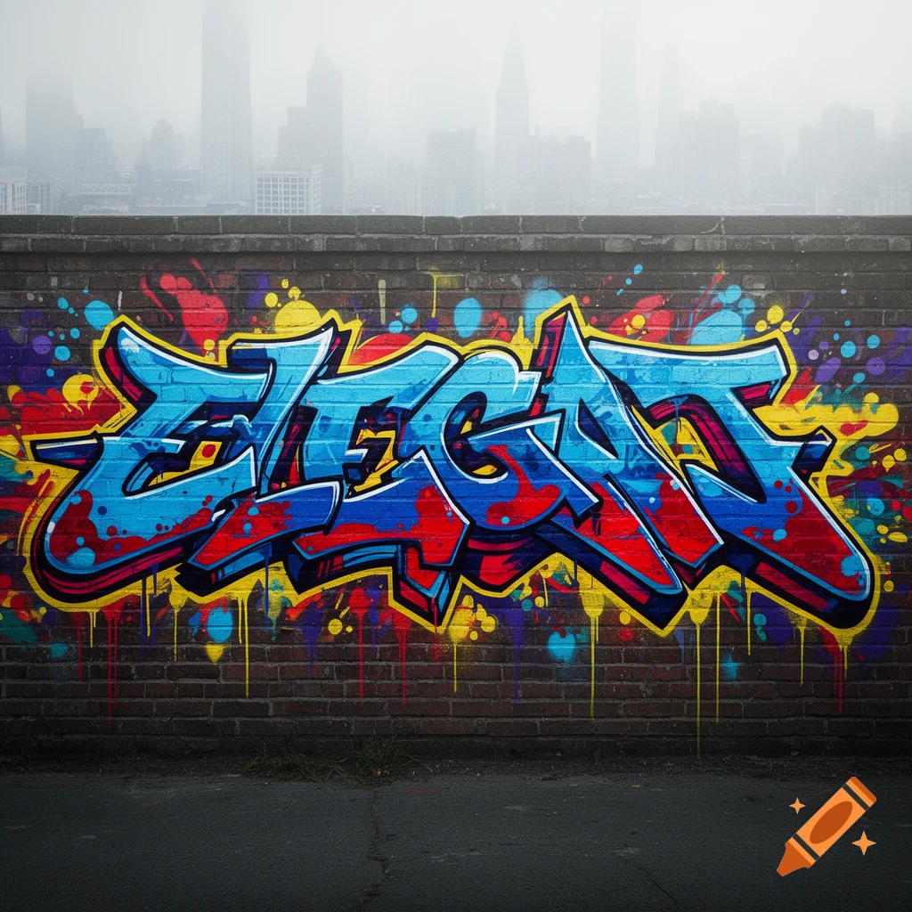 Bright blue and red graffiti art spells "ELEGAT" on a brick wall, with colorful paint splatters, against a hazy city skyline.
