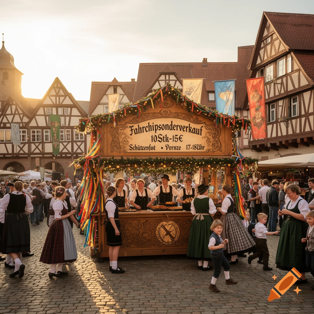 A bustling market stall with German text and people in traditional clothing in a historic European town square at sunset, photorealistic.