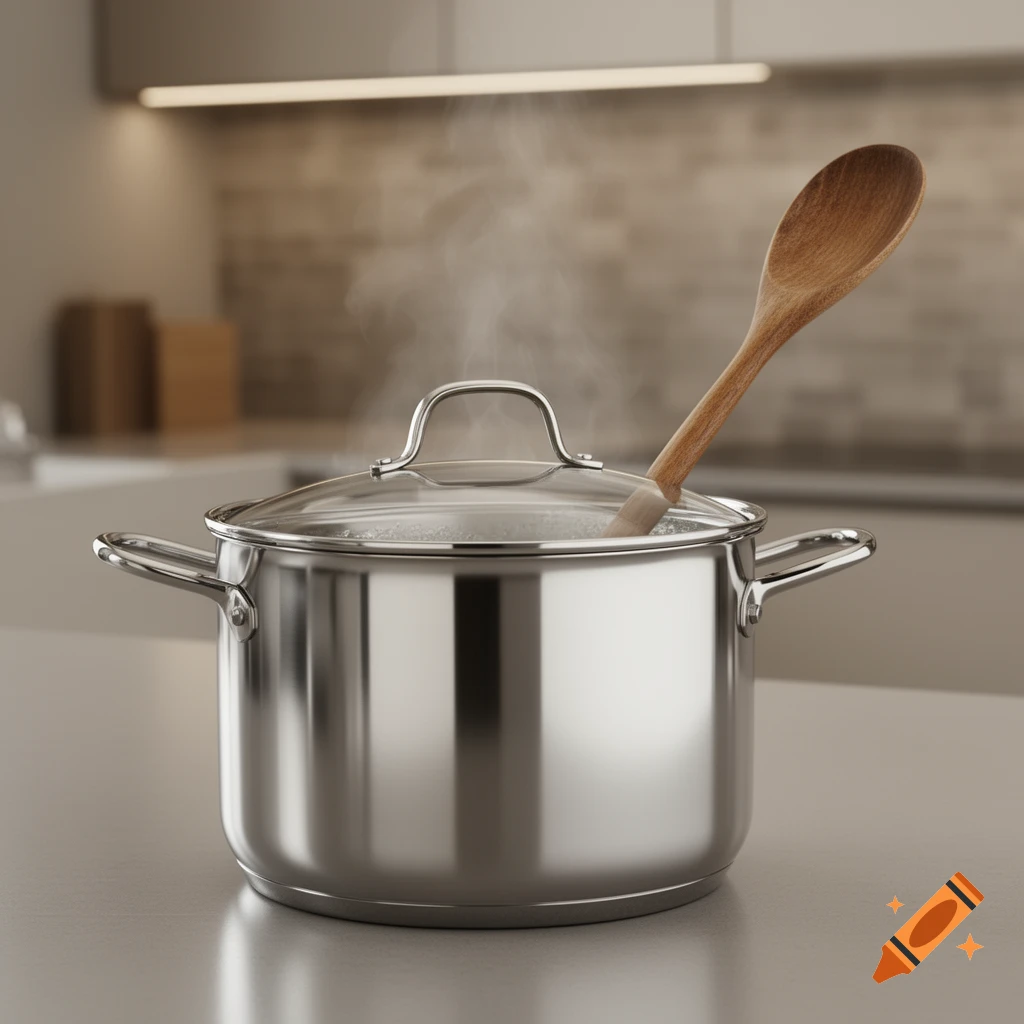 A shiny stainless steel pot with boiling water and a wooden spoon, steaming on a kitchen counter.