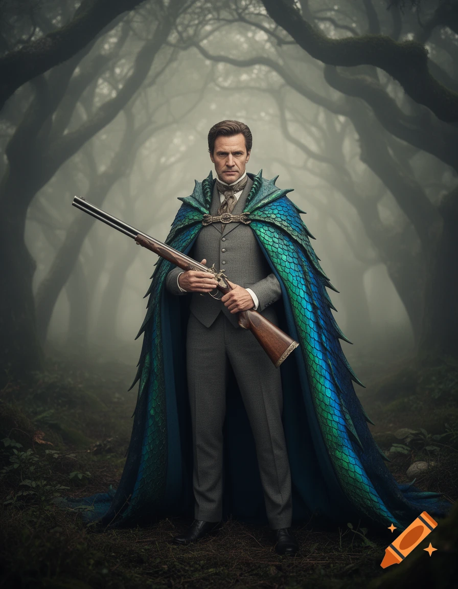 A man in a grey suit and a blue-green dragon scale cape holds a rifle in a misty forest.